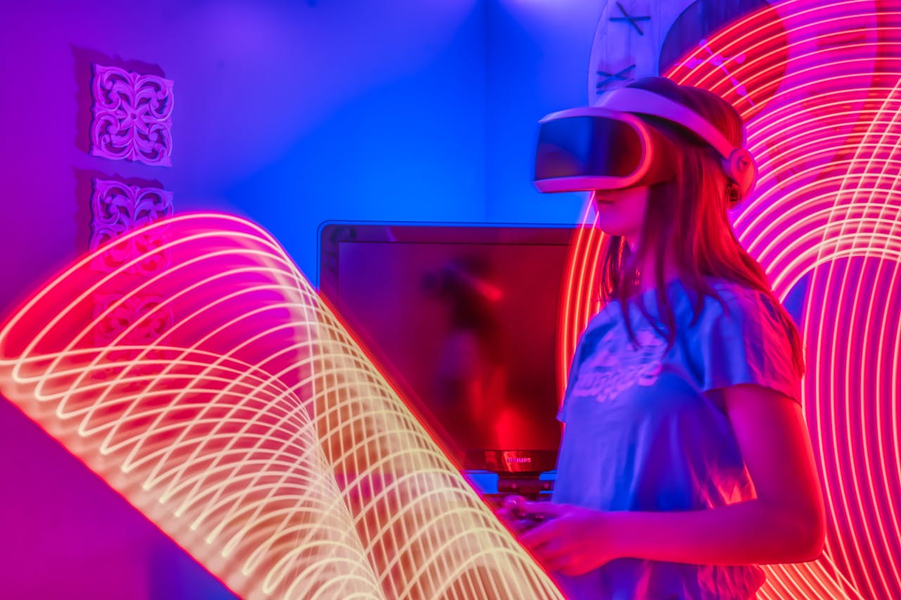 A teen girl enjoying virtual reality with dynamic neon lights indoors, capturing a modern digital experience.