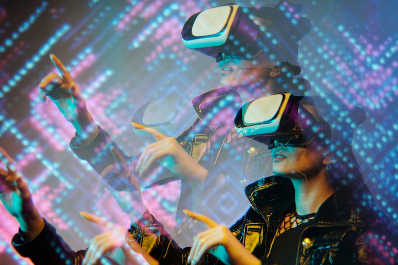 Woman enjoying a virtual reality simulation with futuristic graphics in a dimly lit room.